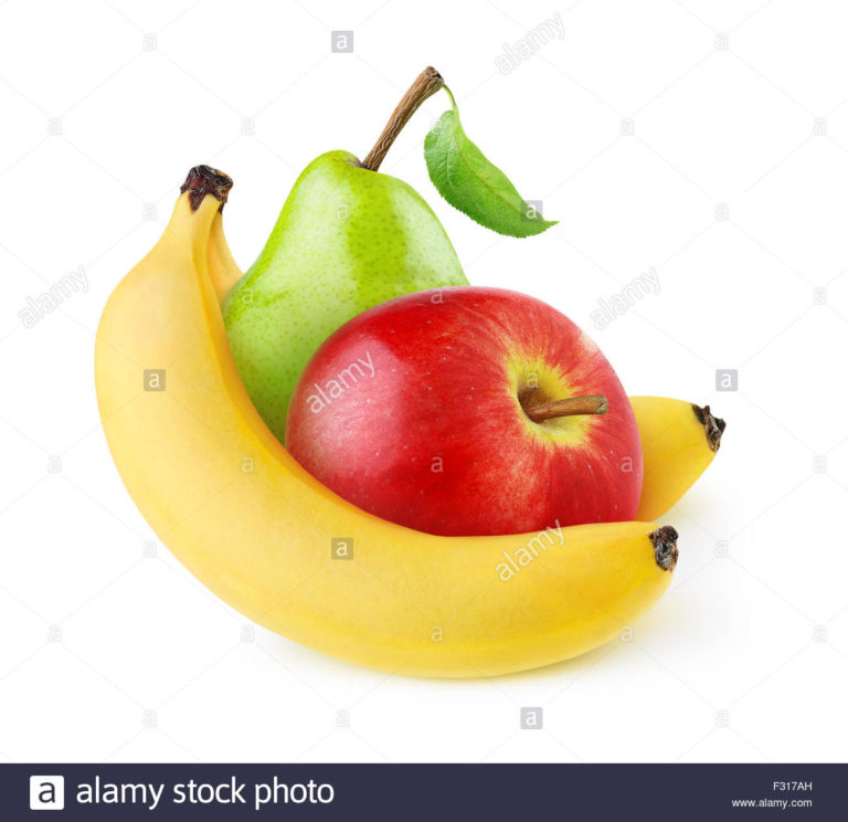 fresh banana apple and pear isolated on white F317AH 768x744